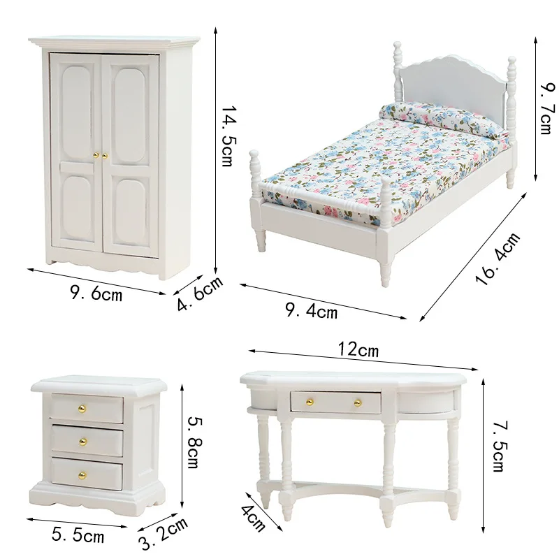 Simulation Furniture Model Mini Wood Bed Cabinet Table Set Bedroom Miniature Scene Decoration 1:12 Dollhouse Accessories