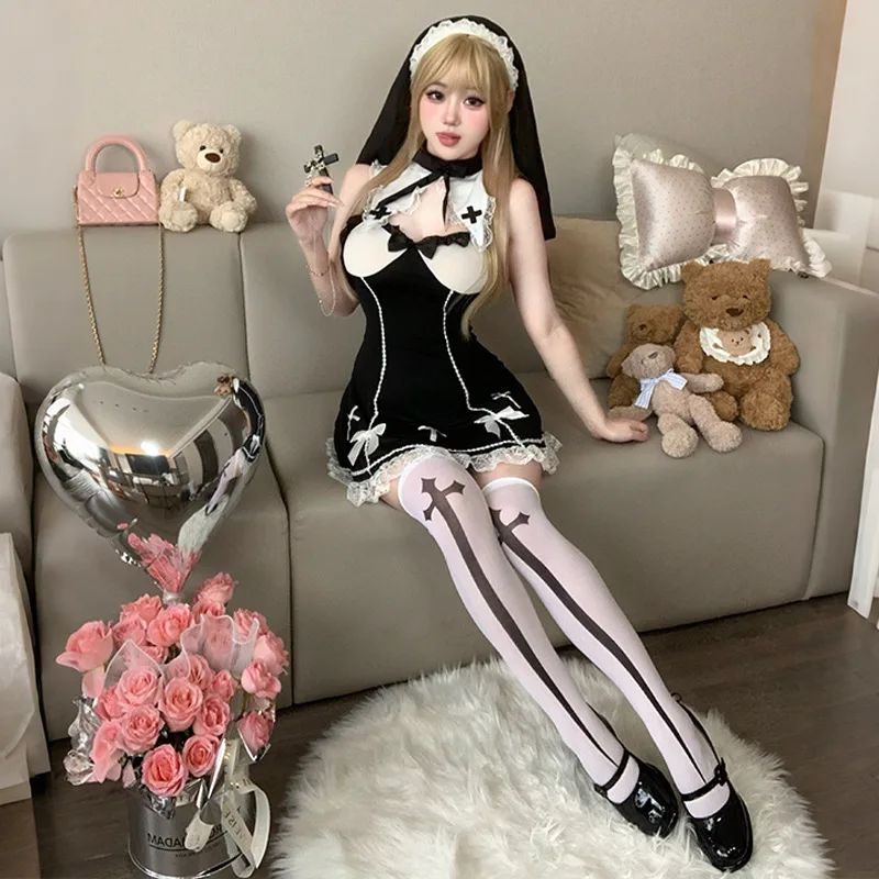 2025 جديد ملابس داخلية ساخنة أنيمي فتاة نون خادمة موحدة فستان متقاطع جوارب وتتسابق تأثيري ازياء