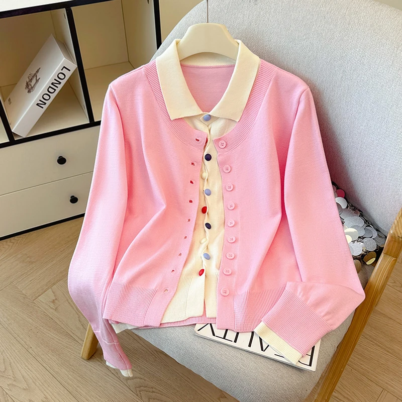 

Осень 2022, новый контрастный цвет, искусственный вязаный кардиган из двух предметов, свитер, женский модный трикотаж, свободные женские топы