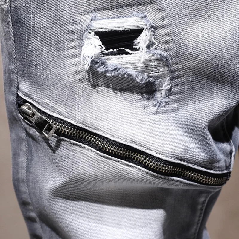 Street Designer Fashion Men Jeans Retro Gray Stretch Slim Fit Spliced Ripped Jeans Men Zipper Patched Hip Hop Denim Biker Pants