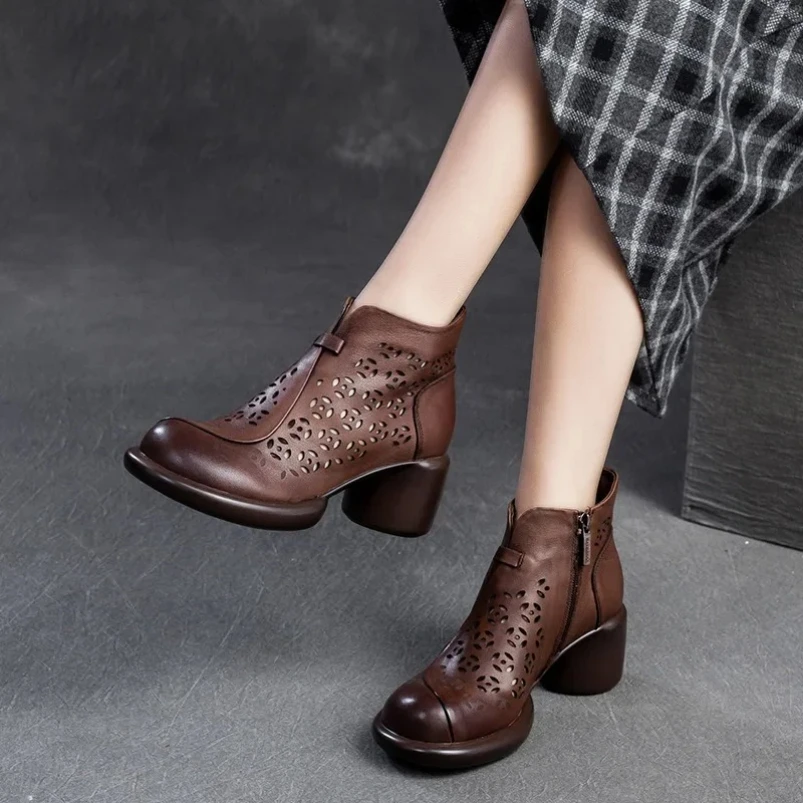 

2025 Fashion Women Thick High Heel Ankle Boots Summer Hollow Breathable Shoes Ladies Genuine Leather zipper Cool Short Boots