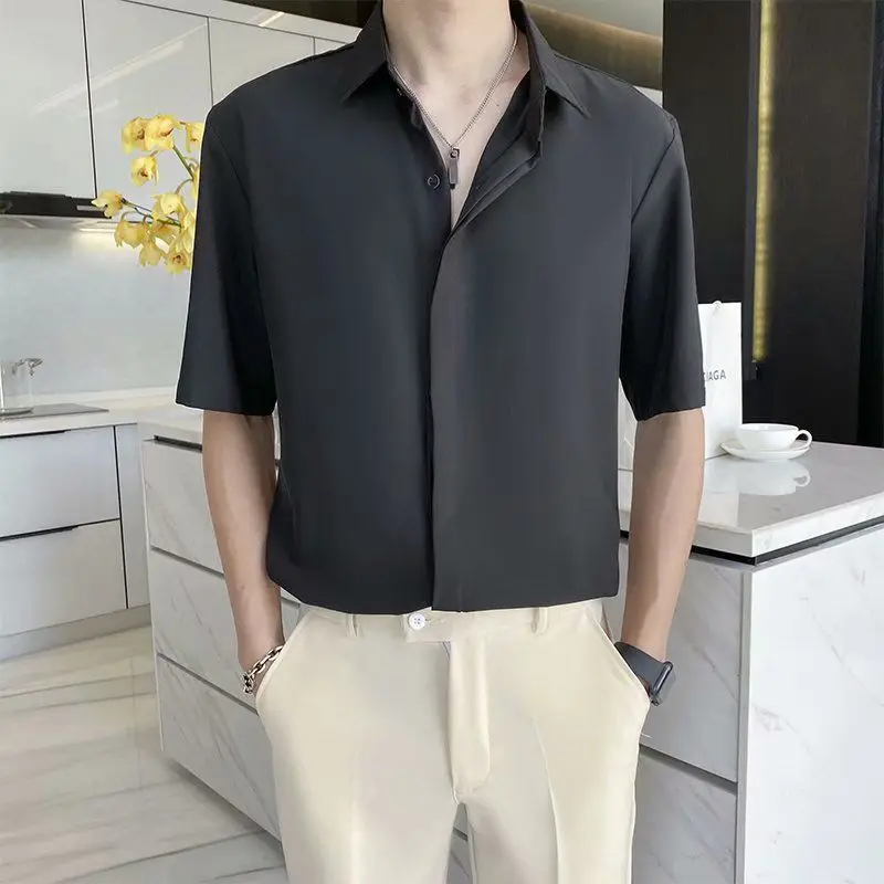Men's Short-sleeved Korean Style Trendy Slim and Handsome Five-point Sleeve Casual Shirt Mid-sleeved Inch Shirt