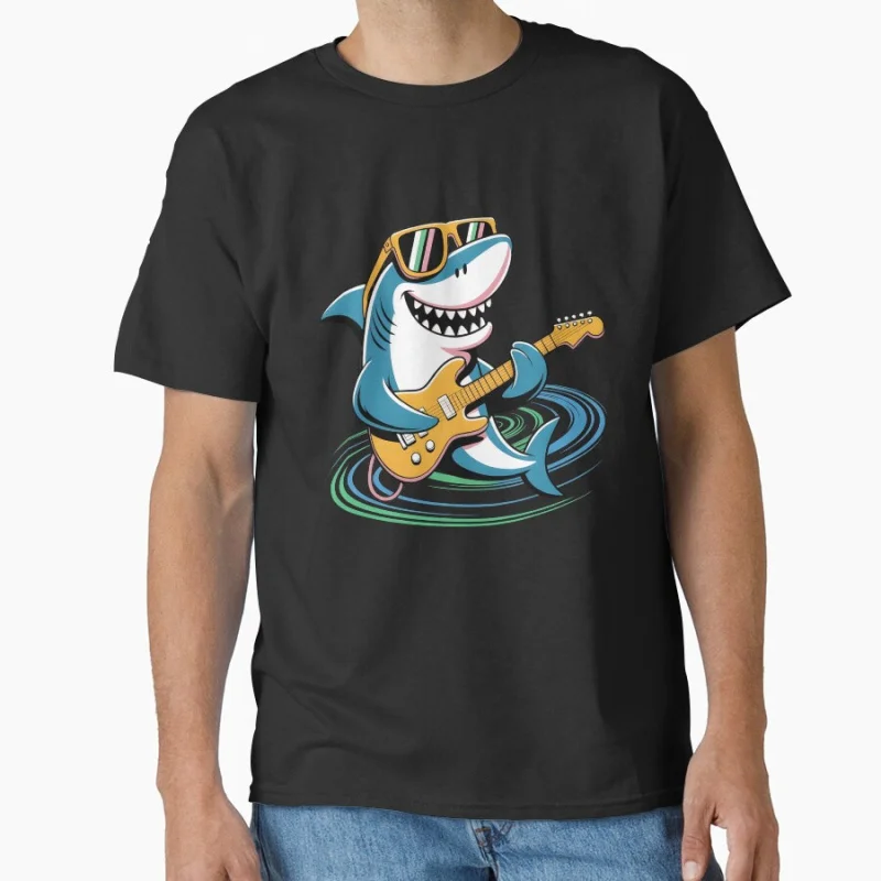 

Funny Shark Playing Guitar Ahhh Time to Relax Summer humor gift T shirt for men Large size Tops S-6XL mens clothing