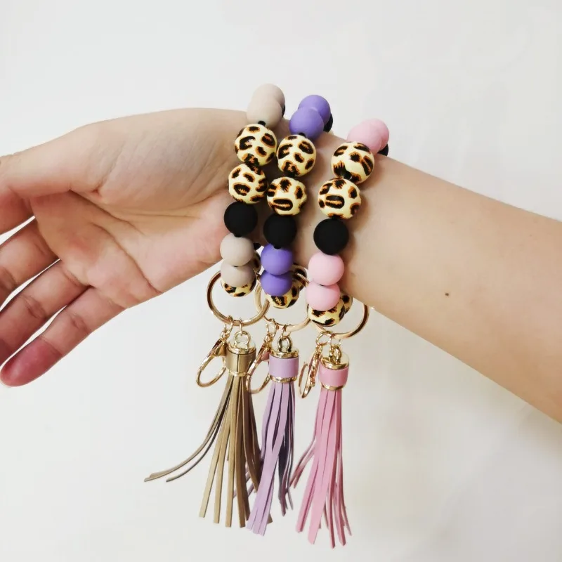 Leopard Print Acrylic Bead Bracelet, with PU Leather Tassels AndKeychain Bag Pendant, Women\'s Car Wrist Keyring