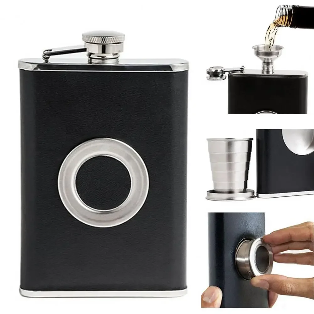 8oz Wine Hip Flask with Cup Built-in Collapsible Glass Funnel Stainless Steel Wine Bottle Drink Barware Pocket Whiskey Flask