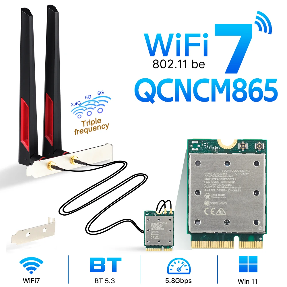 Wifi7 QCNCM865 M.2 WiFi Card key E Bluetooth 5.3 up to 5.8Gbps Wifi 7 Wireless Network Adapter Only for Win 11