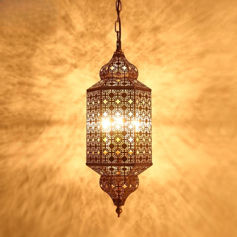 

Vintage exotic wind chandelier Indian arabic copper hollow art luminous Thai western restaurant