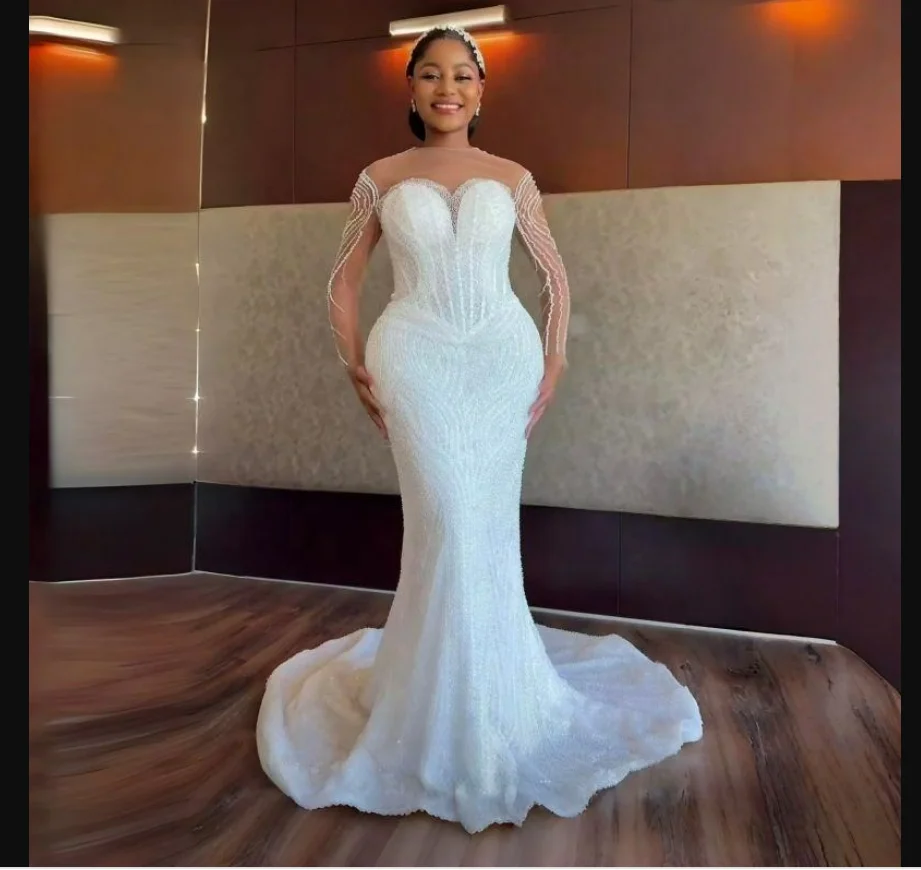 Customized Sheer Neck Sparkly Beads Sequins Wedding Dress with Removable Skirt Vestido De Noiva  Long Sleeves   Bridal Gowns