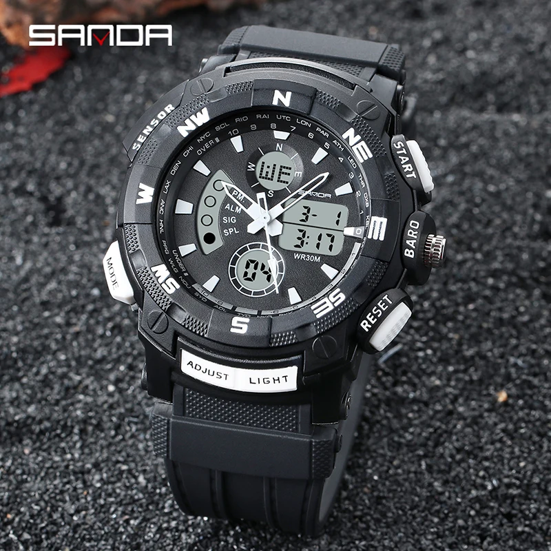 SANDA Mens Watches Multifunctional Dual Display Watch Sports Chronograph Automatic Calendar HD LED Luminous Waterproof Reloj 775