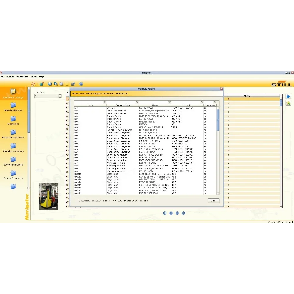 Still-Steds Navigator Fork-lifts  D8.21 R9 09.2021 Full Instruction Service Repair& Parts Manuals EPC Diagnostics Software