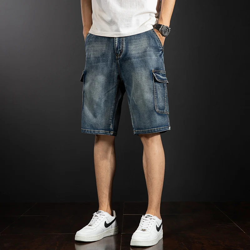 Shorts jeans para bordado masculino, tamanho grande, bolso múltiplo solto, tendência de rua americana, shorts retrô pirata de verão