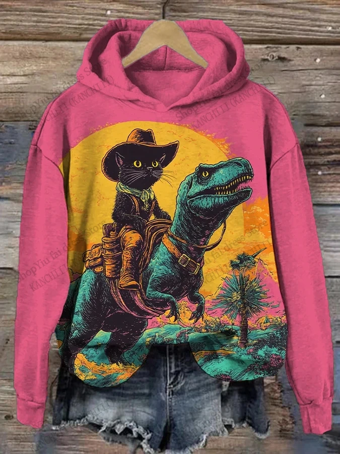 만화 고양이와 공룡 3d 인쇄 그래픽 후드 남성 여성 패션 대형 후드 티 셔츠 코트 여성 스웨트 동물 의류