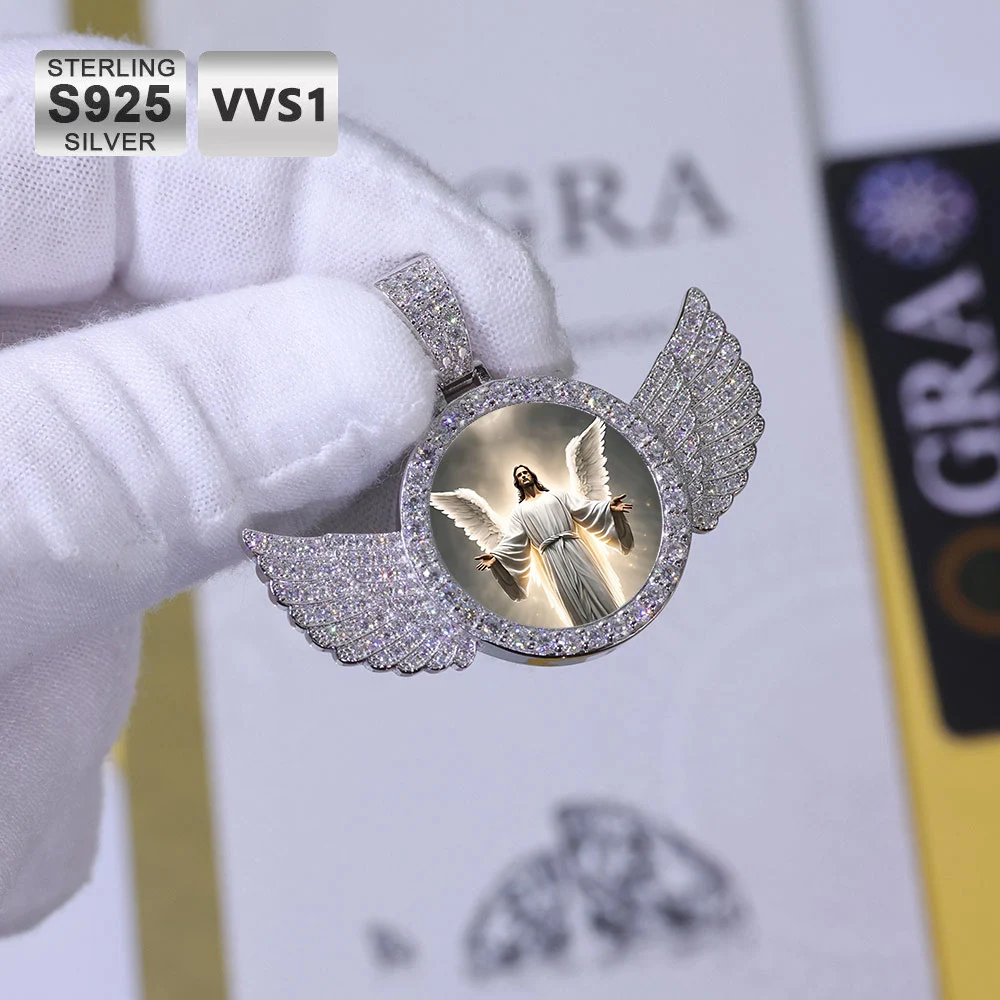 ICEBLING Iced Out Angel Wings Memory Locket Pendant 925 Silver Moissanite Custom Photo Charm Pendant Trendy Jewelry for Women