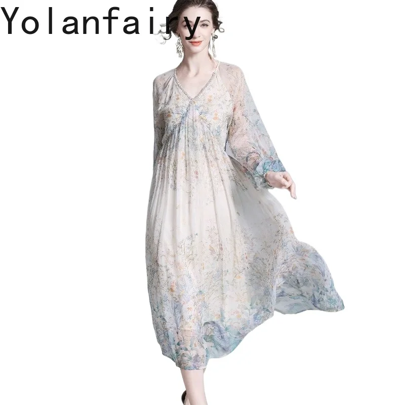 

YOLANFAIRY Роскошное женское платье из 100% натурального шелка тутового шелкопряда, весна-лето 2026, элегантное, с длинным рукавом, свободное, с цветочным принтом, пляжное платье