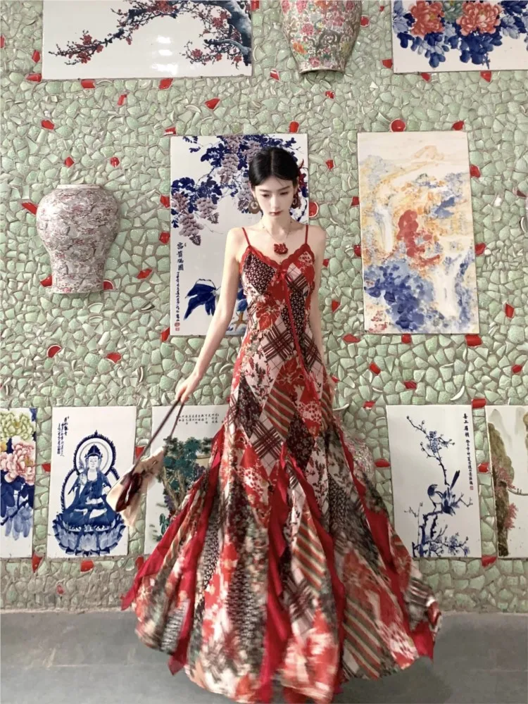 

Rose ethnic style floral red patchwork halter lace ribbon cardigan dress