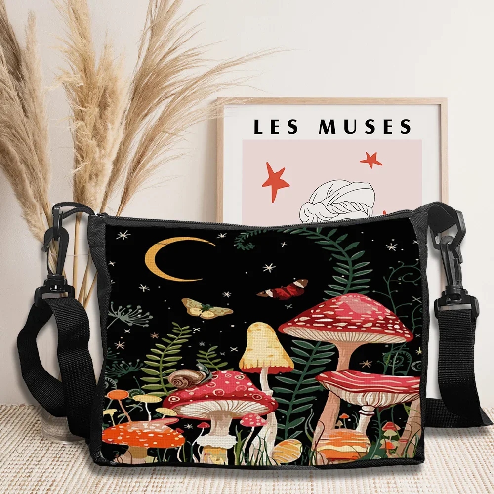 Fantasy Mushroom Crossbody Bag Ethnic Decor Design Shoulder Bag Vibrant Forest Plant Illustrations, Adjustable Strap Handbags