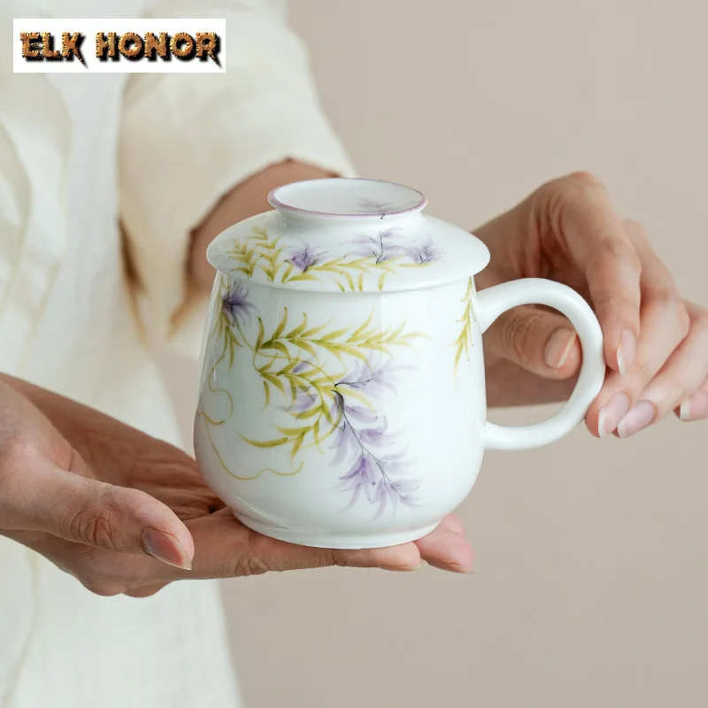 260ml Hand Drawn Wisteria Flower Office Cup Zen Ceramic Tea Cup Tasting Mug Japanese Coffee Cup Mug With Lid Tea Brewing Gifts