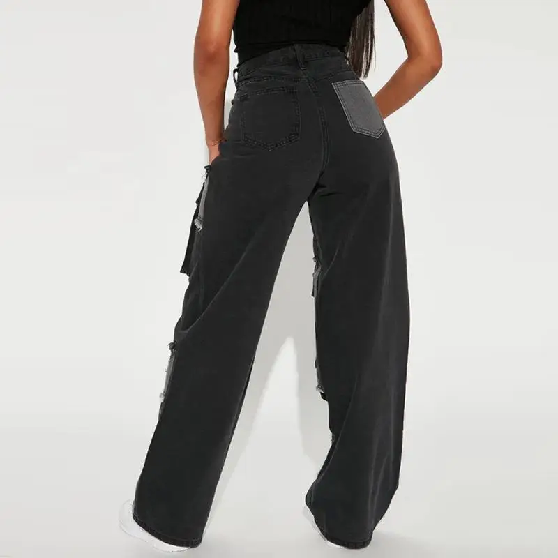

Прямые джинсы с высокой талией, большие размеры, женская эластичная хлопковая рабочая одежда, черный цвет, осенний сезон, модная женская одежда