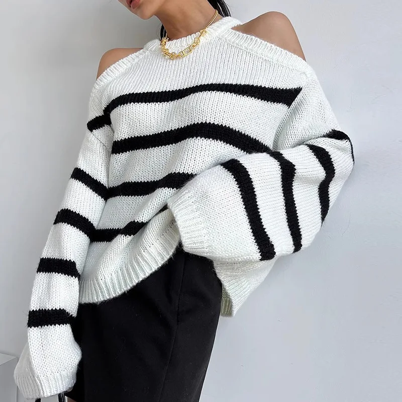 

Autumn Round Neck Hollowed Out Shoulder Design Versatile Long Sleeved Striped Knit Sweater for Women