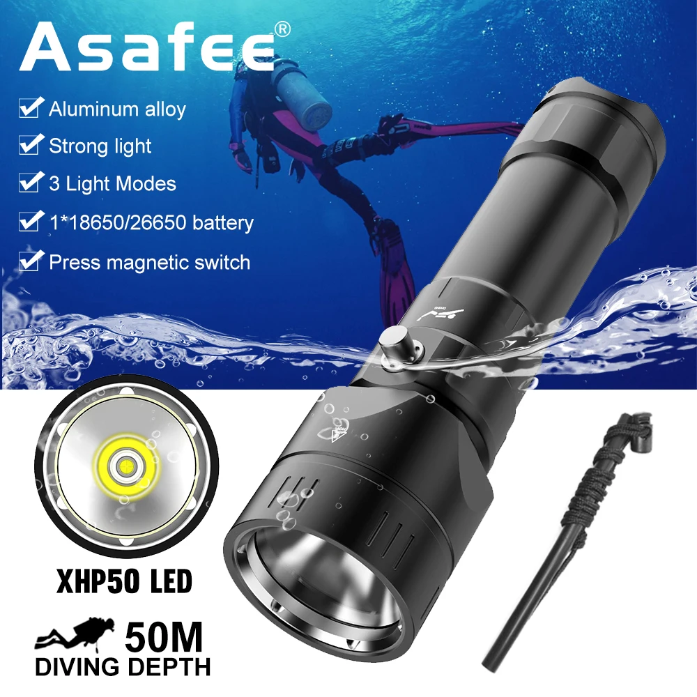 Ultra Bright XHP50 LED Diving Flashlight - Waterproof IPX8 Dive Torch for 18650/26650 Battery Use Underwater