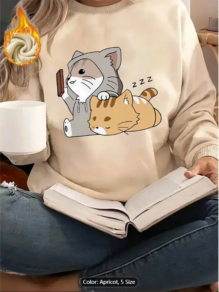

Женская толстовка с милым котом, с графическим принтом, на флисовой подкладке, повседневный пуловер большого размера, топ для любителей кошек, чистый хлопок