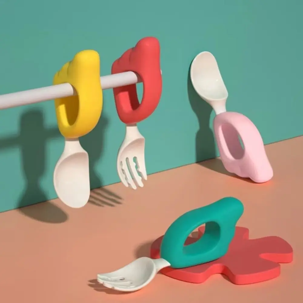 

Self Feeding Baby Forks and Spoons Set Silicone Handle Dishwasher Safe Baby's Dinnerware Easy To Grip with Case