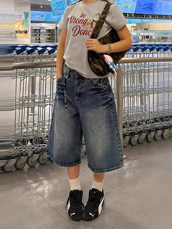

Retro American Loose Bamboo Pattern Denim Seven-Foot Women's Summer New Street Versatile Shorts Wide-Leg Medium Pants
