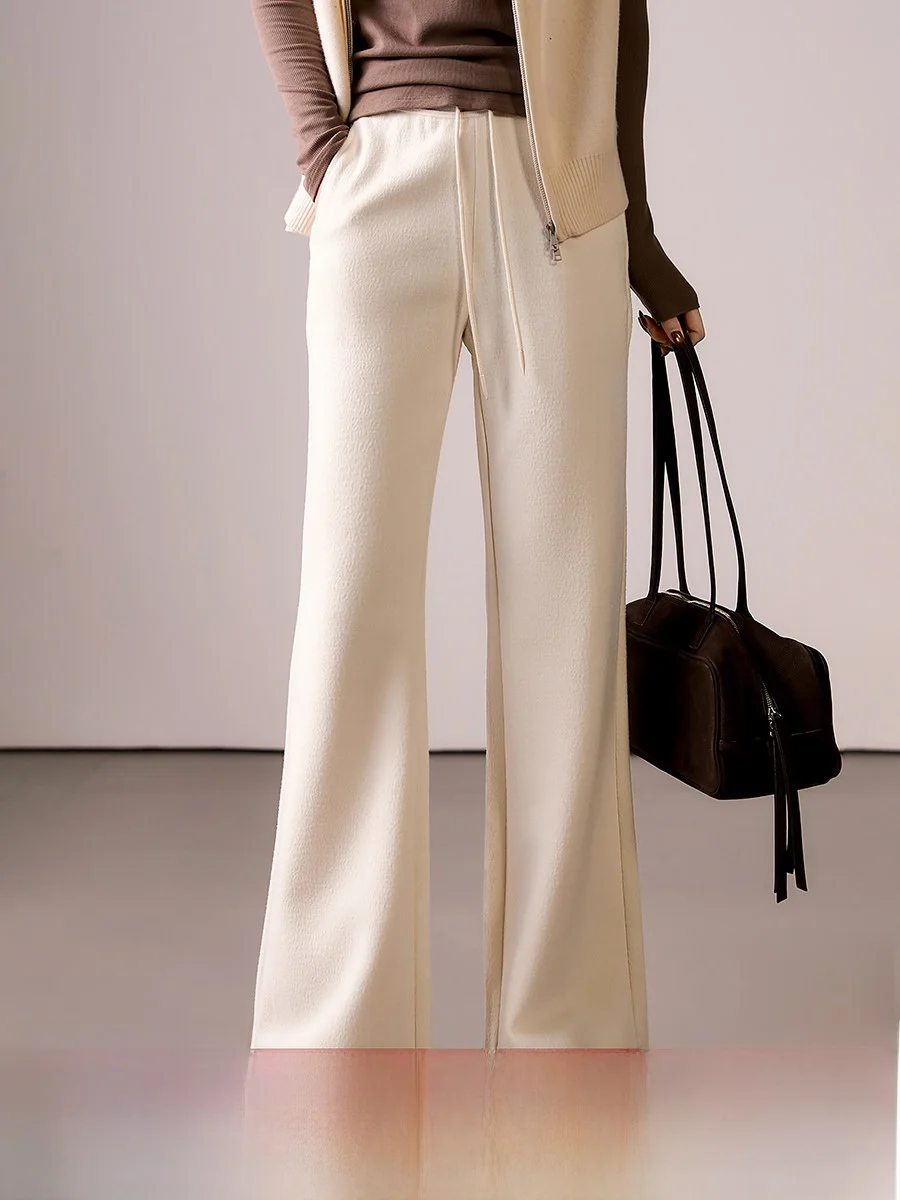 

Брюки с высокой талией и широкими штанинами из шерстяной смеси с добавлением кашемира, повседневные, с завязками, из полиэфирного волокна, женские брюки