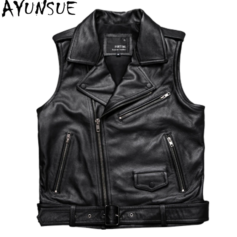 

AYUNSUE New Spring Autumn Men Leather Jacket Cowhide Vest Mens Clothing Black Motorcycle Jackets Size S-5XL Veste Cuire Homme