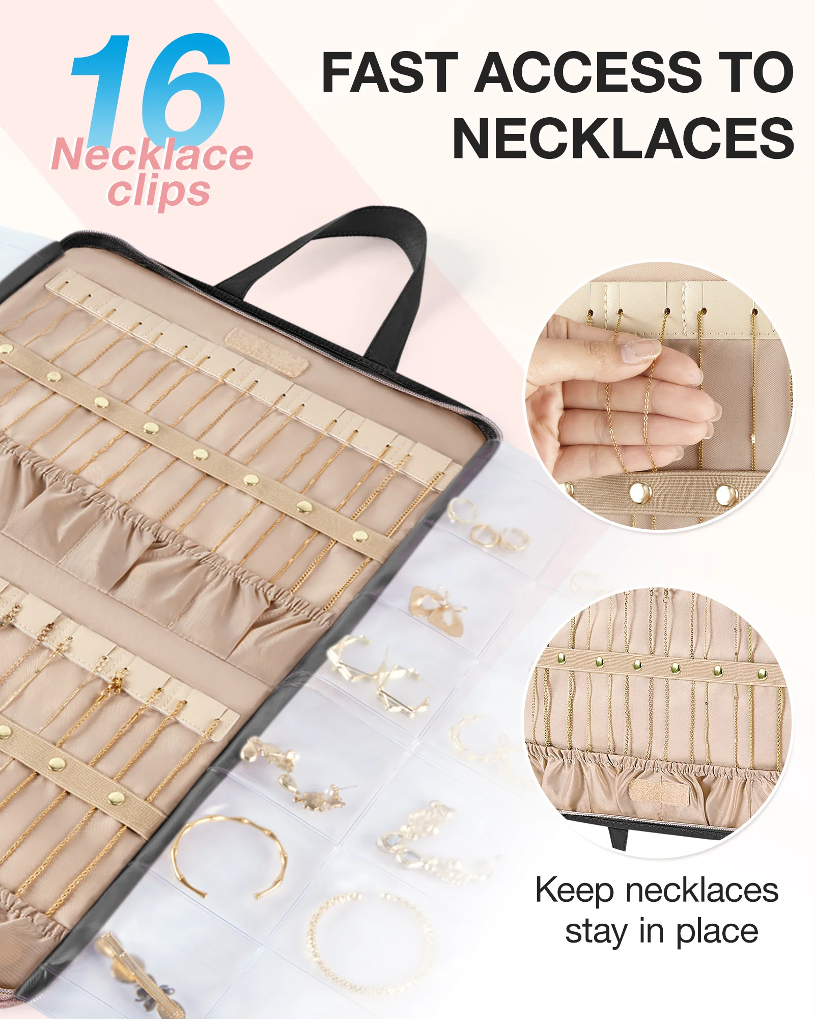 BAGSMART Hanging Travel Jewelry Organizer Zippered Foldable Carrying Case Ring Necklace Earring Studs Holder Jewelry Storage Bag