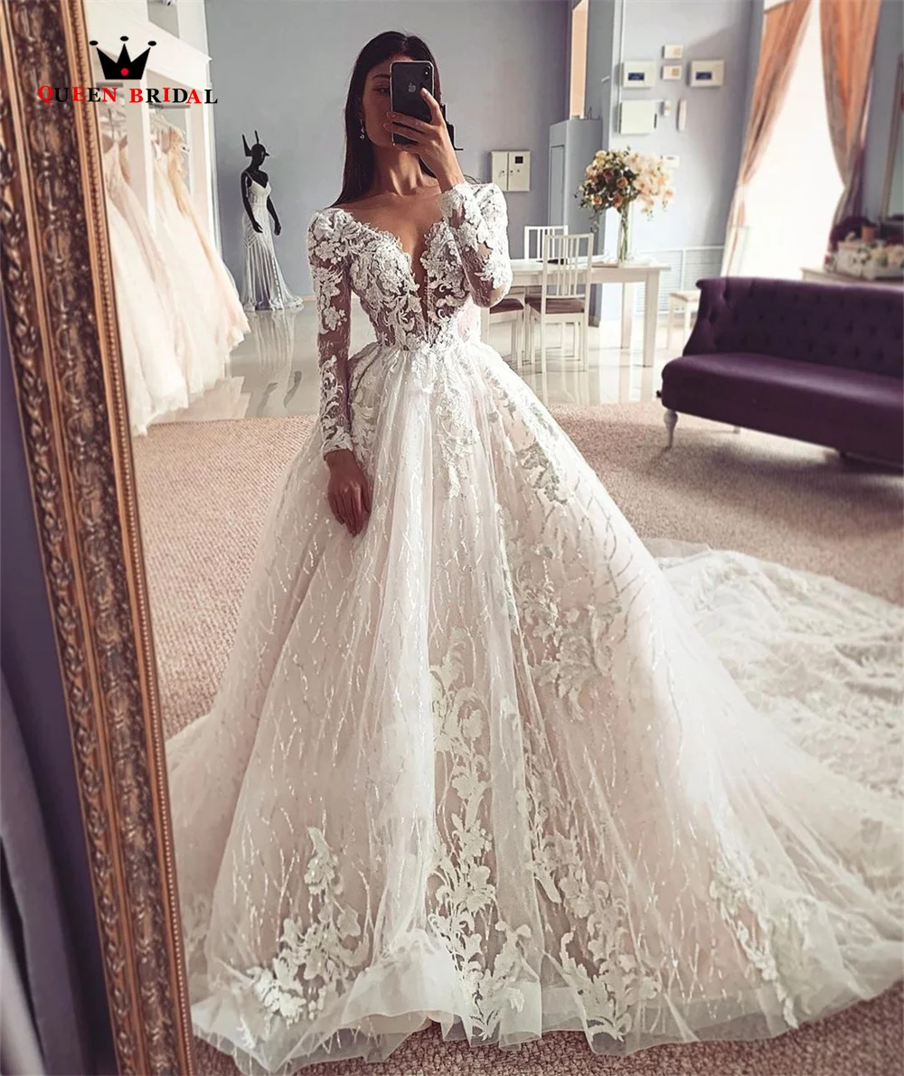 Elegant Ball Gown Weddding Dresse V-neck Long Sleeve Tulle Lace Appliques 2023 New Design Formal Bridal Gowns SD70