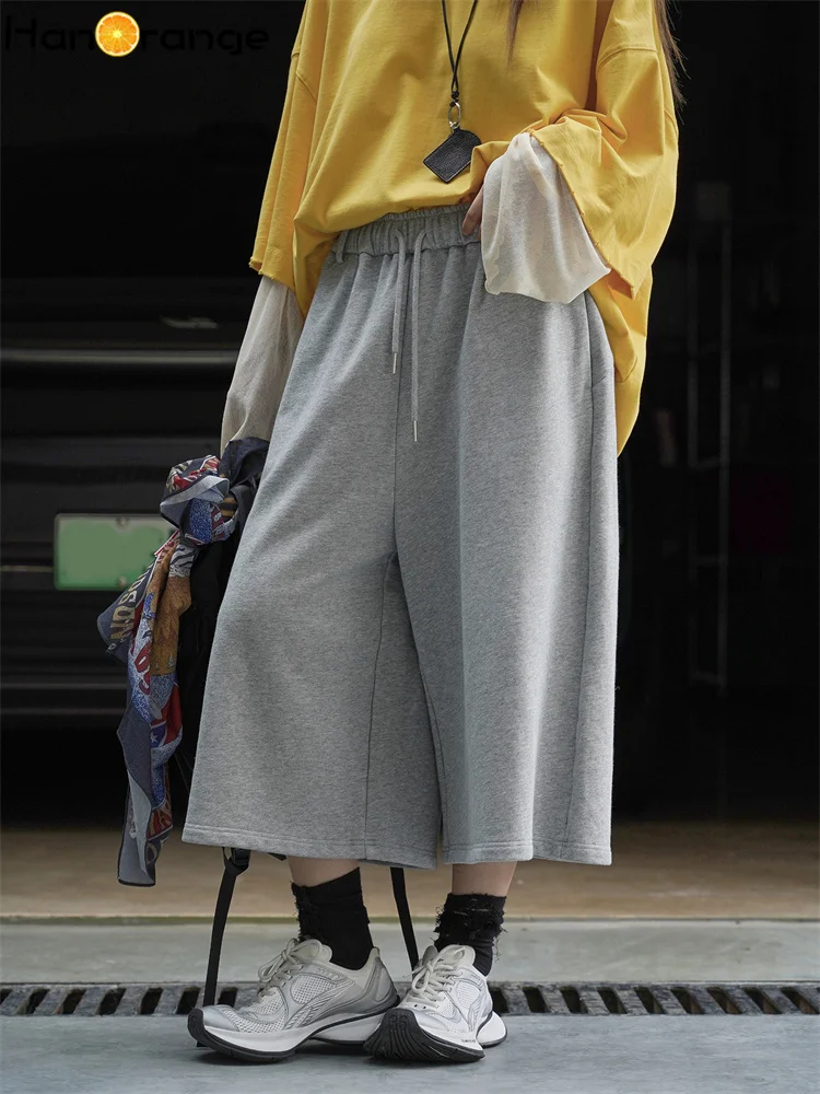 

HanOrange 2025 Early Autumn Loose Wide Leg Knitted Calf-Length Pants Women Soft 100% Cotton Capri Pants White/Black/Snow Gray