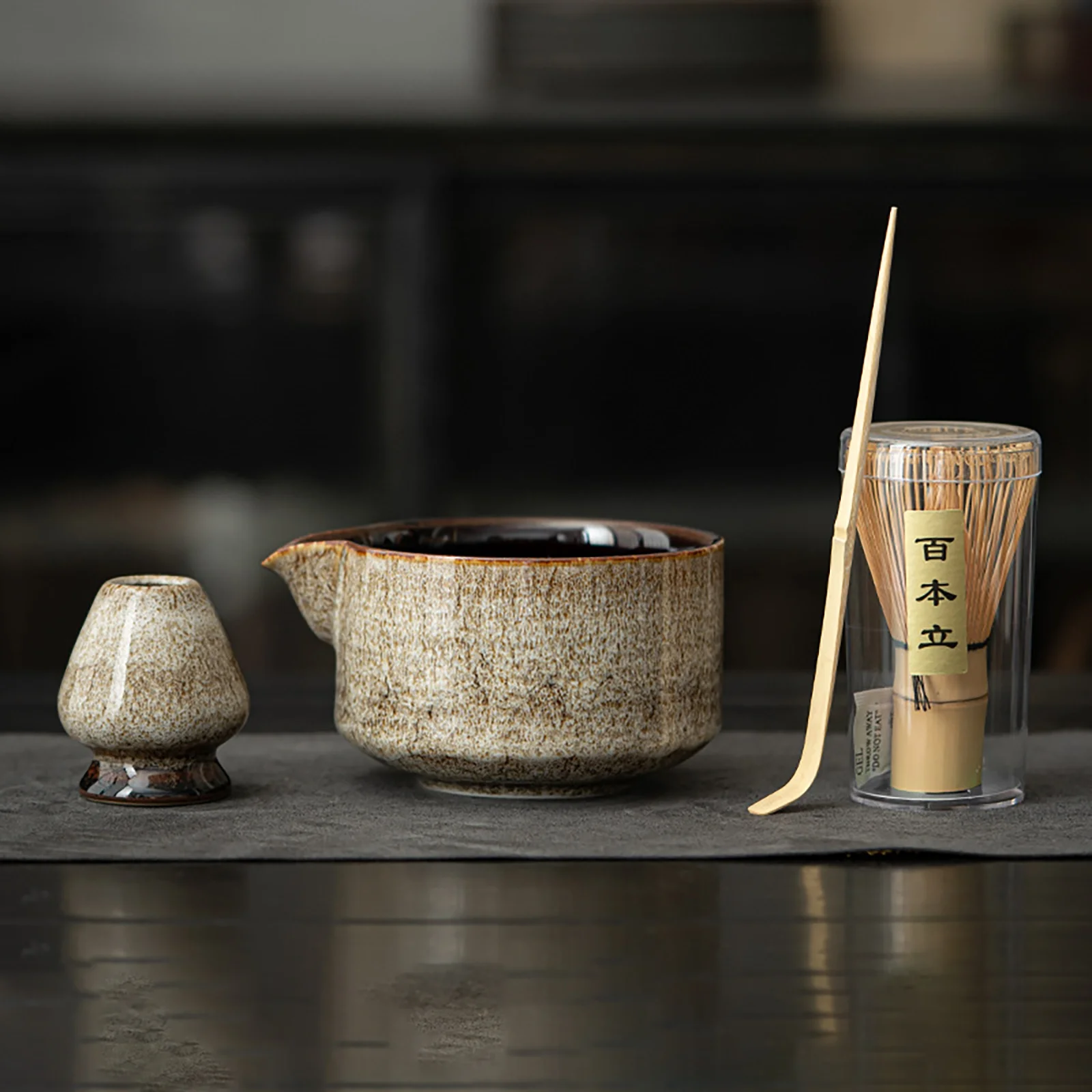 4Pcs Matcha Tea Set Ceremony Blender Set Japanese Bamboo Tea Brush Teaspoon Ceramic Bowl Tea Stand Matcha Tool Teaware Set