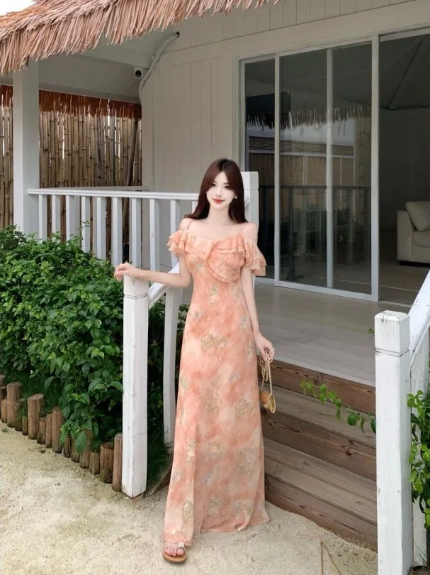 

plus Size Loose Faded Pink Sea Fog Gentle Romantic Blouse Long Dress for plus Size Women Meat Concealing Slimming Strap Dress