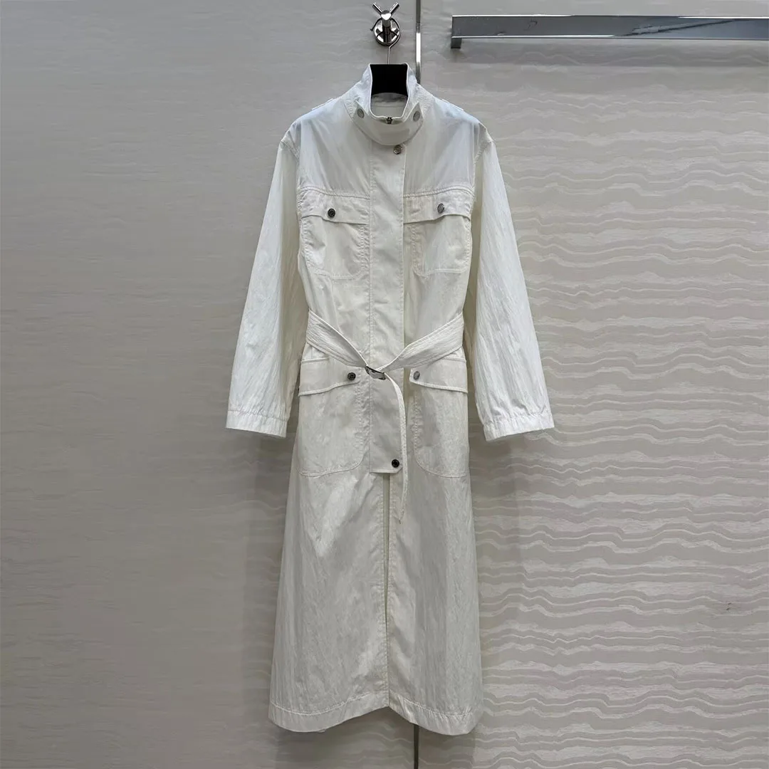 Gabardina Larga Blanca Estilo Ecuestre Vintage para Mujer, Cuello Alto, Cremallera, Manga Larga, Bolsillos, Parches, Cinturón, Prenda Exterior Holgada y Elegante