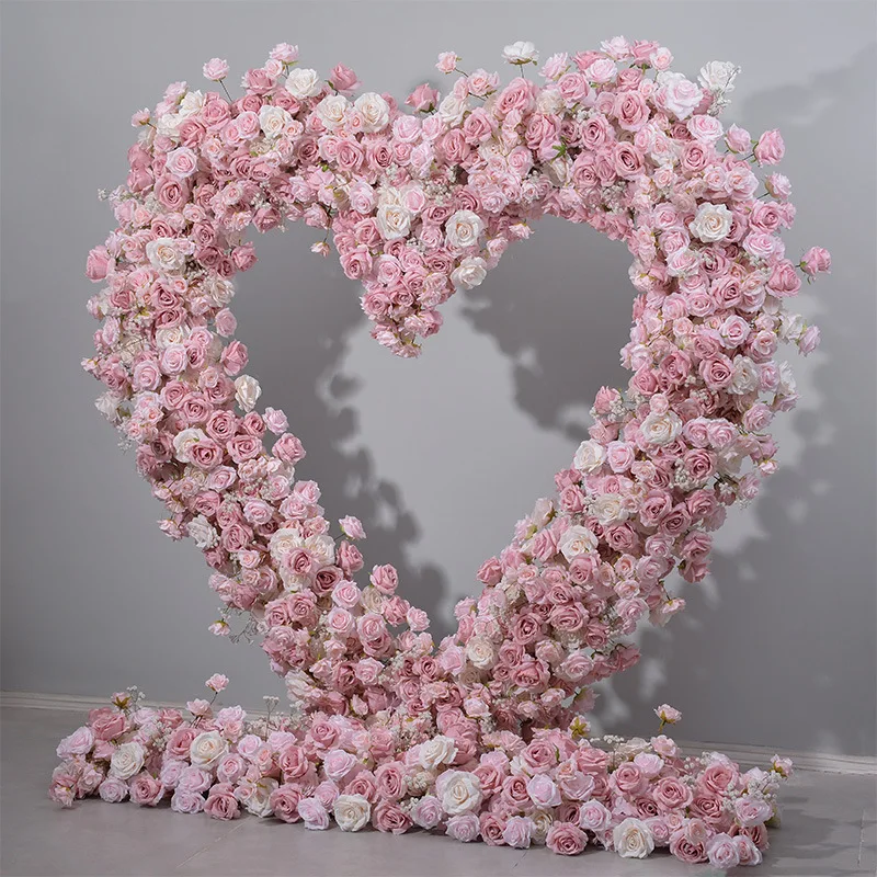 Simulation new pink heart-shaped flowers wedding stage background layout flower art heart-shaped arch decoration flower art