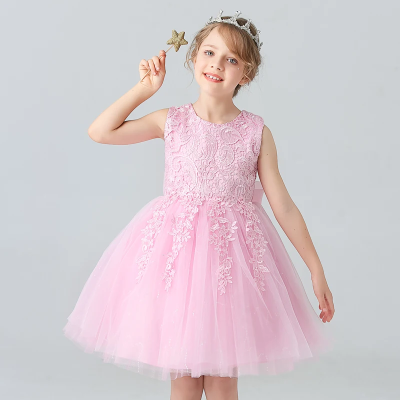 BX8991 White Lace Flower Girl Dress Bows Children's First Communion Dress Girls Sleeveless Princess Dresses