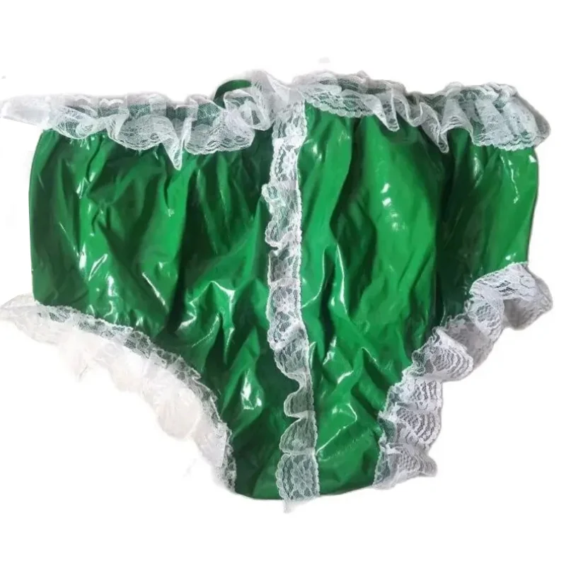 French Sexy Adult Customized Fetishist Crossdressing Sissy Green PVC Panel Lace Comfortable Girls' Triangle Shorts