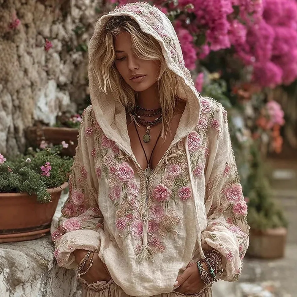 المألوف مقنعين سستة البلوزات المطبوعة المرأة طويلة الأكمام فضفاضة تنوعا الخريف والشتاء البلوز هيربست دامن كليدينغ #2