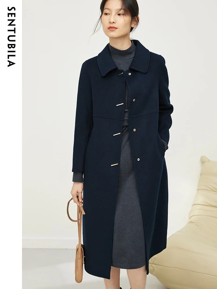 

SENTUBILA Black Coat Woman 100% Wool 2025 Fashion Elegant Double-Faced Woolen Overcoats Office Lady Winter Long Coat W14O36565