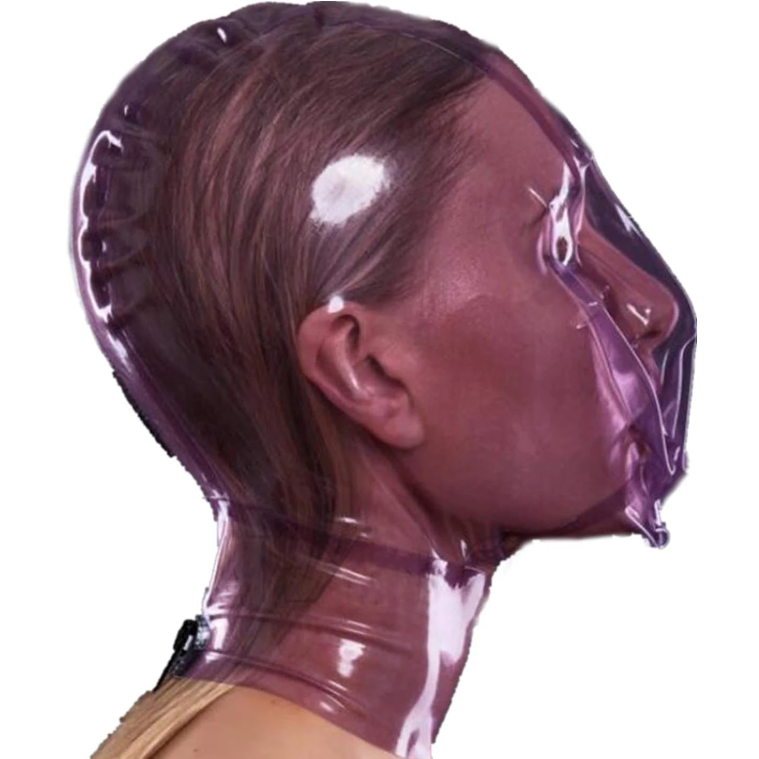 Transparent Purple Latex Hood with Breath Control Hole for Playing Suffocating Rubber Mask Club Party Wear Props