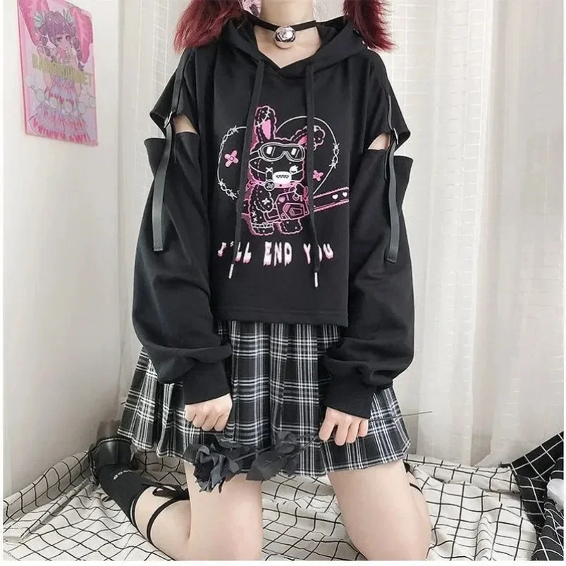 New Hoodies Punk Gothic Patchwork Hollow Out Y2k Clothes Cartoon Print Casual Loose Spring Autumn Preppy Style Crop Sweatshirts