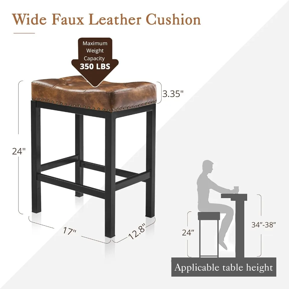 Counter Height Bar Stools, 24 Inch Saddle Backless Bar Stools Set of 4 for Kitchen Counter, Faux Leather Counter Stools