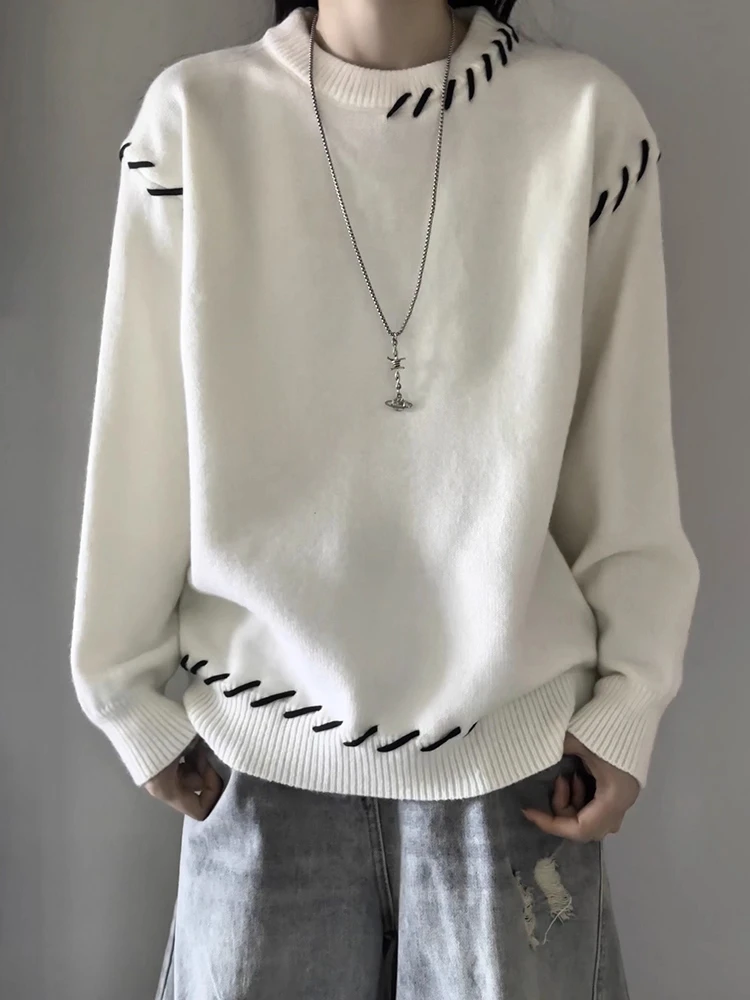 

Men's round Ne Knitwear Color Blo Stitching Winter Casual Sle Comfortable Fit Long Sve Sweater Contrast Color Design