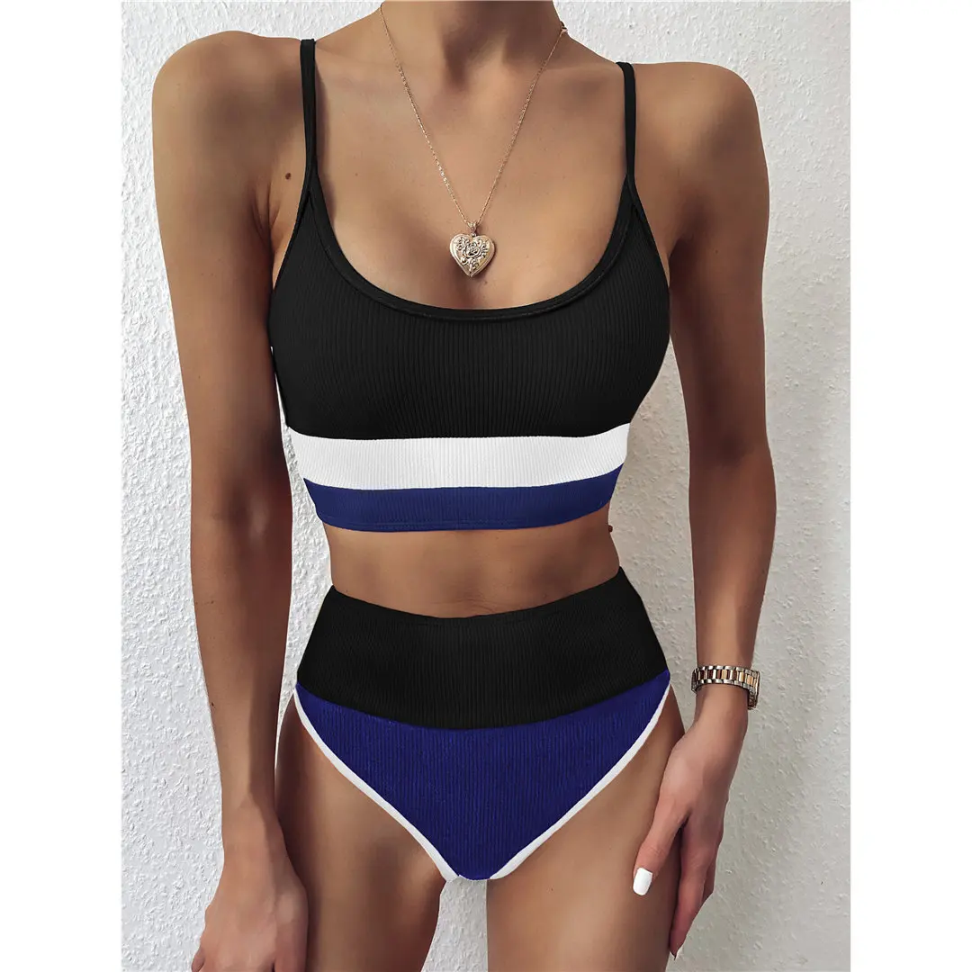 Neuer gerippter, zweiteiliger Damen-Bikini mit hoher Taille, Badeanzug, zweiteiliges Bikini-Set, Badebekleidung, Damen-Badeanzug V2238 – Detail 29