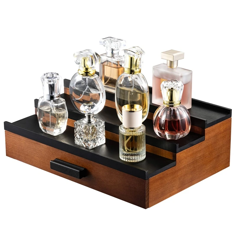 

Wooden Cologne Organizer Shelf For Men Dresser, 3 Tier Cologne Display Stand With Drawer Storage Organizer Tray