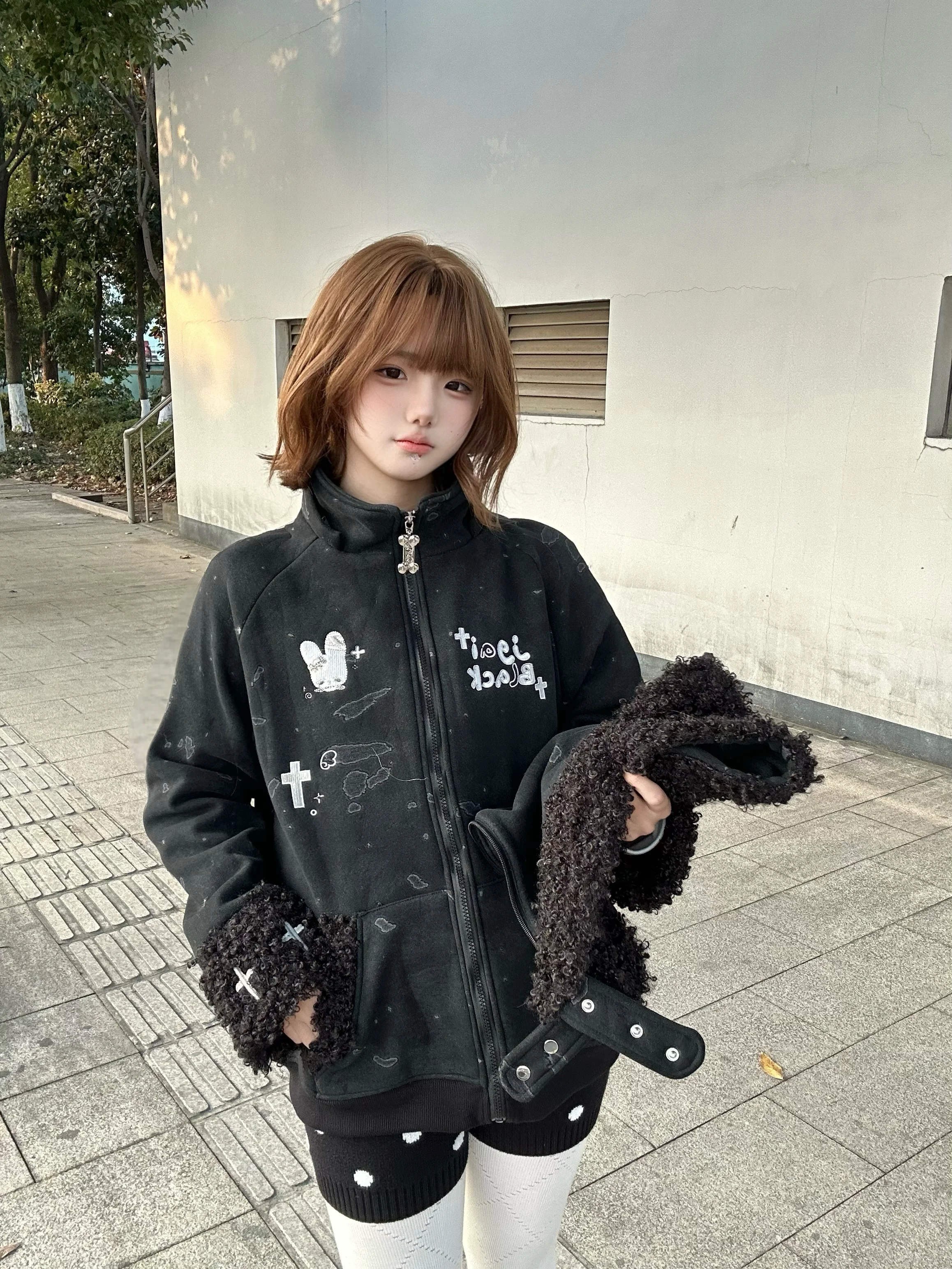 Original Subculture Sweet Cool Fashion Black Jacket Coats 2026 Spring Student Cartoon Print Y2K Cat Ear Hooded Sweatshirt Women