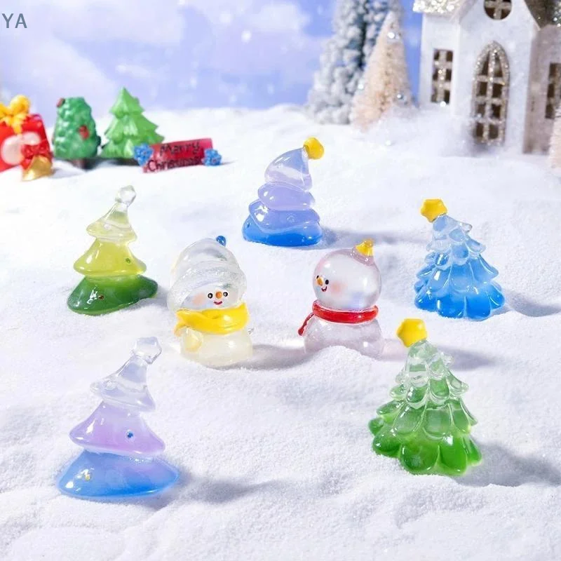 【SA】【YA】Mini Christmas Snowman And Tree Figurines Glossy Translucent Cute Design For Christmas Party Desktop Fairy Garden Decor