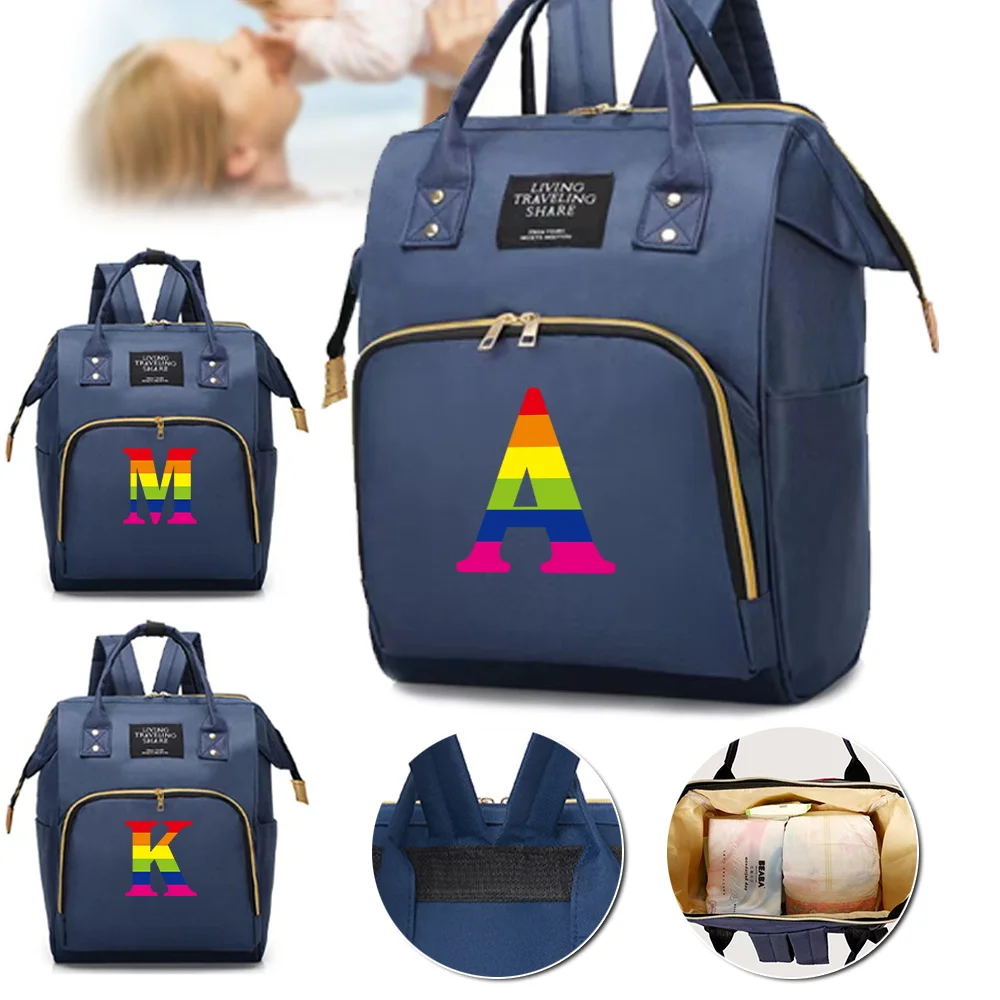 

Storage Mommy Pack Large Capacity Multifunctional Compartments Backpack Portable Rainbow Letter Print Casual Double Shoulder Bag