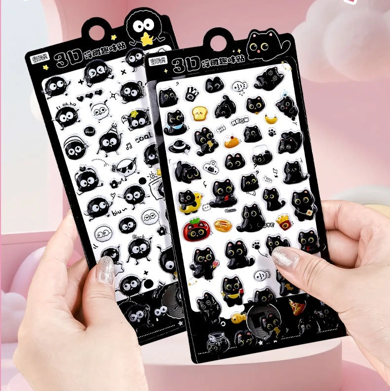 2sheets Cartoon Three-dimensional Floating Fun Stickers Black Cat Cute Embossed Mobile Phone Scrapbook Stickers
